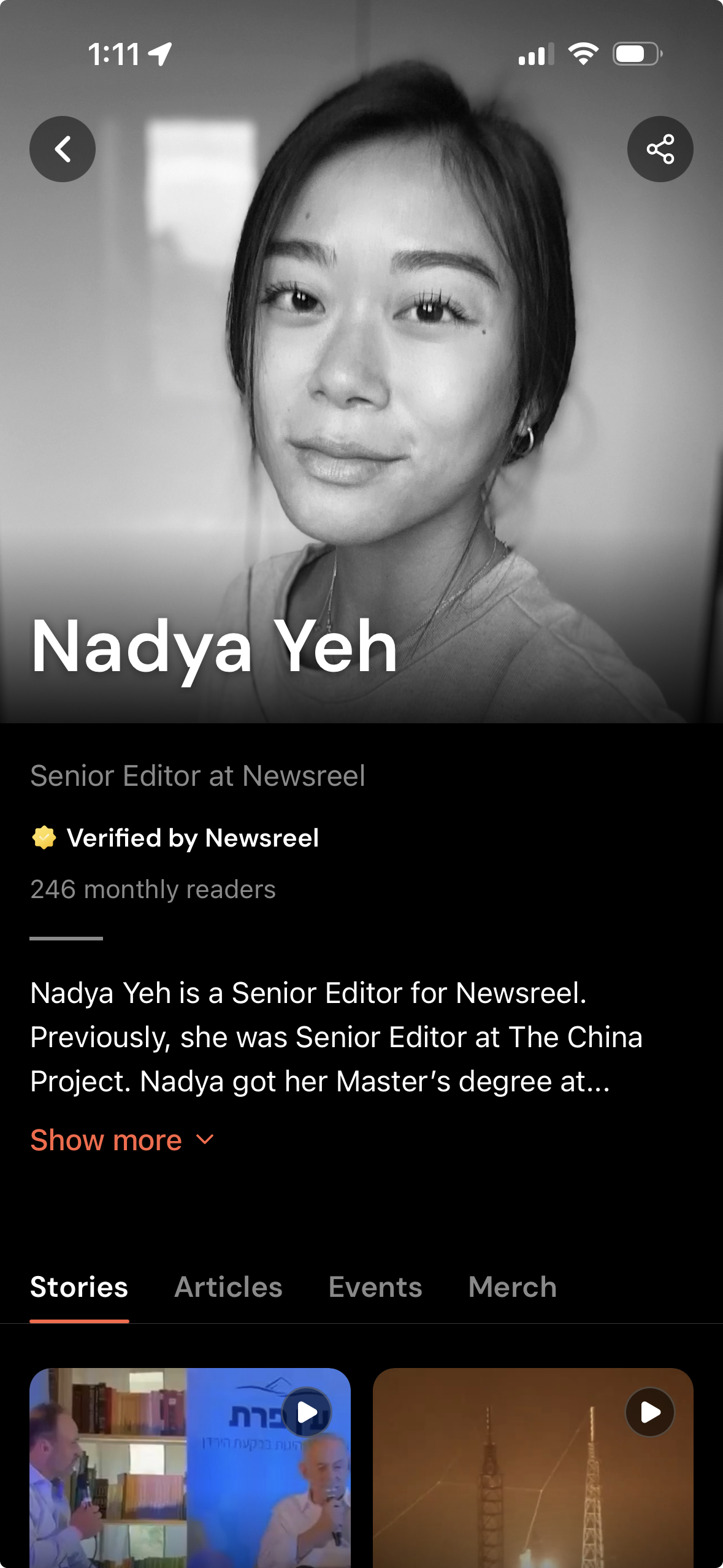 A Newsreel contributor profile showing Senior Editor Nadya Yeh with a Verified by Newsreel badge, monthly readers, and bio.